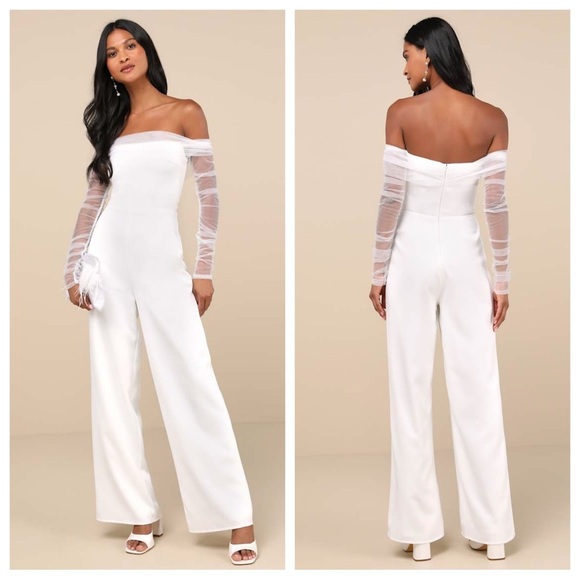 Lulus Pants - Lulus Eternal Bliss White Tulle Off-the-Shoulder Wide-Leg
Jumpsuit